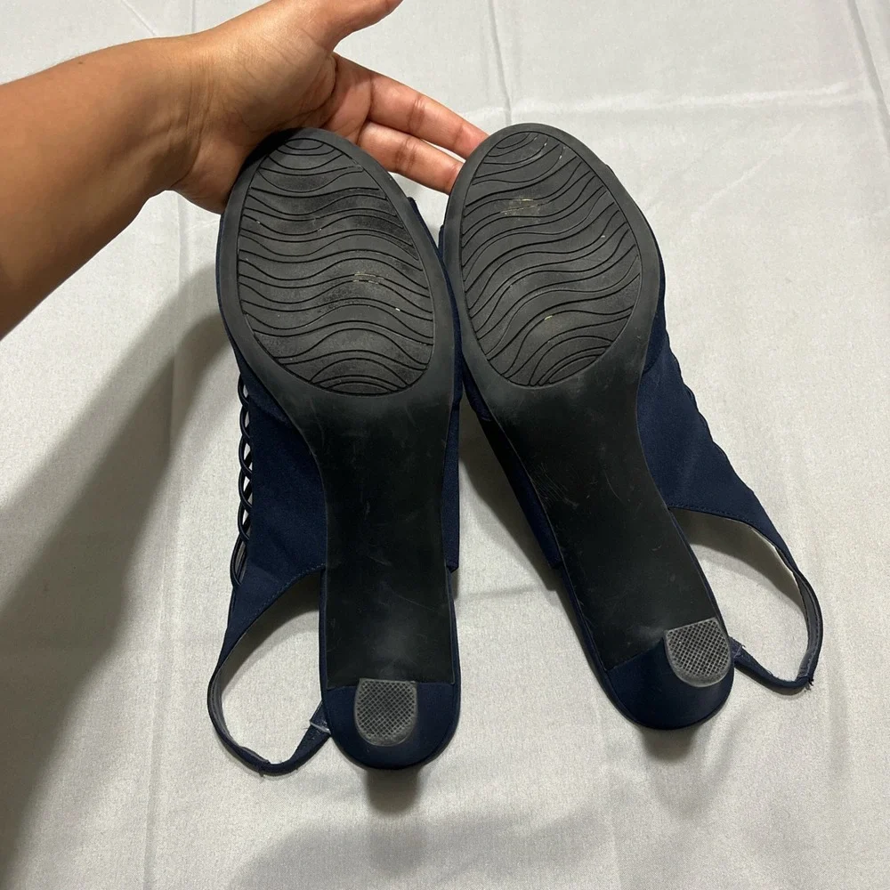 Impo‎ Stretch Navy Strappy Size 9M Open Toe Slingback Heels Comfort Dress Shoes